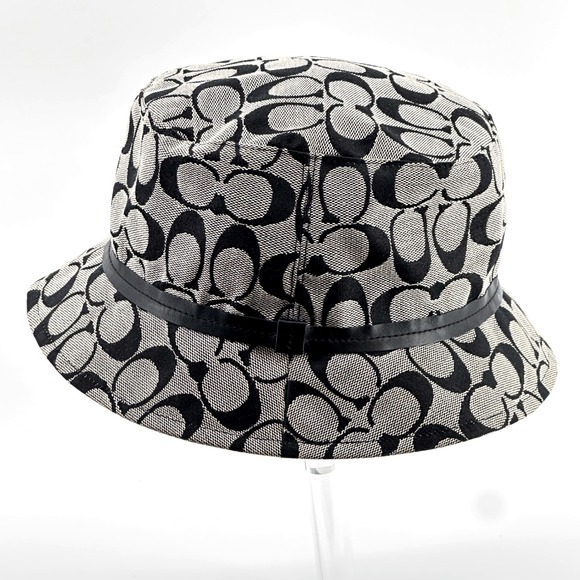 Coach Bucket Hat Women M/L Black Grey Excellent Signature Monogram Leather Trim - Picture 2 of 11